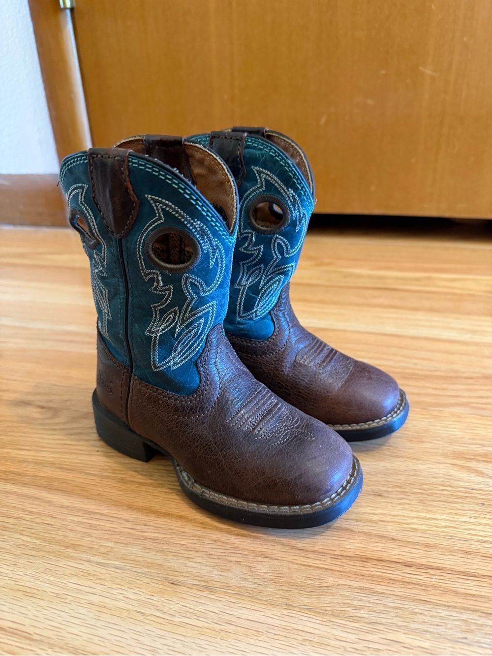 Justin Boots Kids Brown & Teal Western Pull-On Cowboy Boots